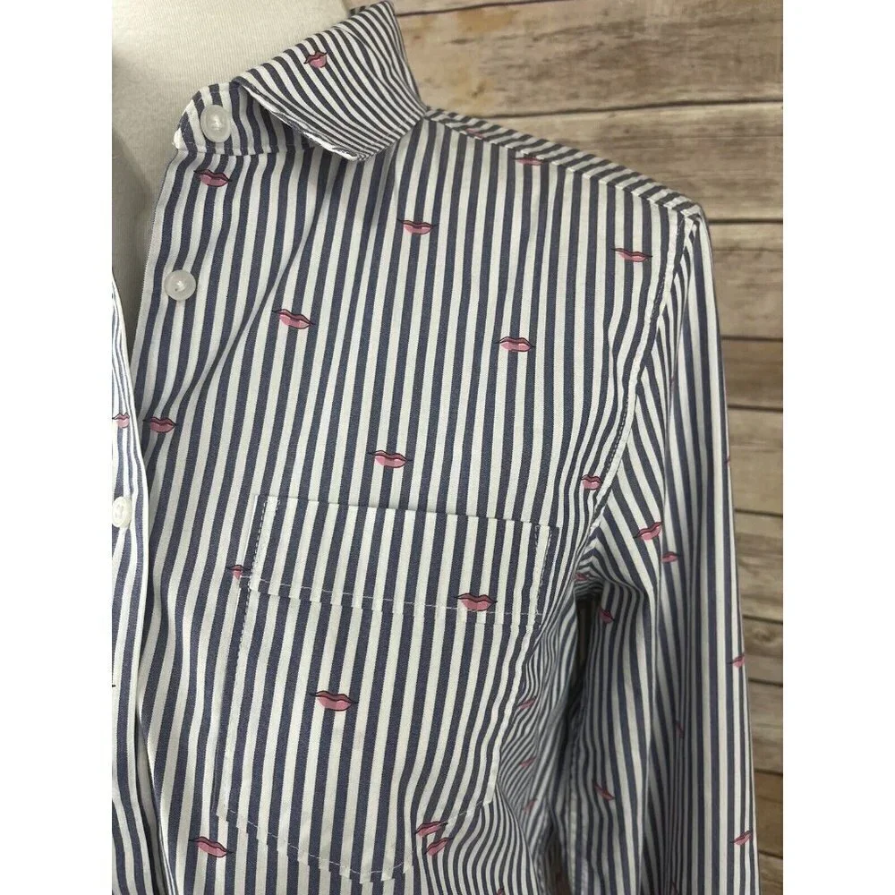 Banana Republic Small Quinn Boy Fit Button Up Striped Lip Print Blouse Blue Pink - Picture 3 of 11